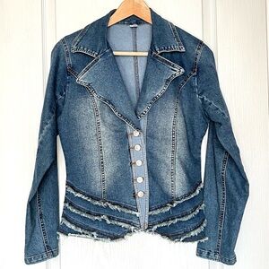 Y&L Boutique Brand Ruffled Distressed Denim Blazer Jacket Sz S Y2K Boho Tiered